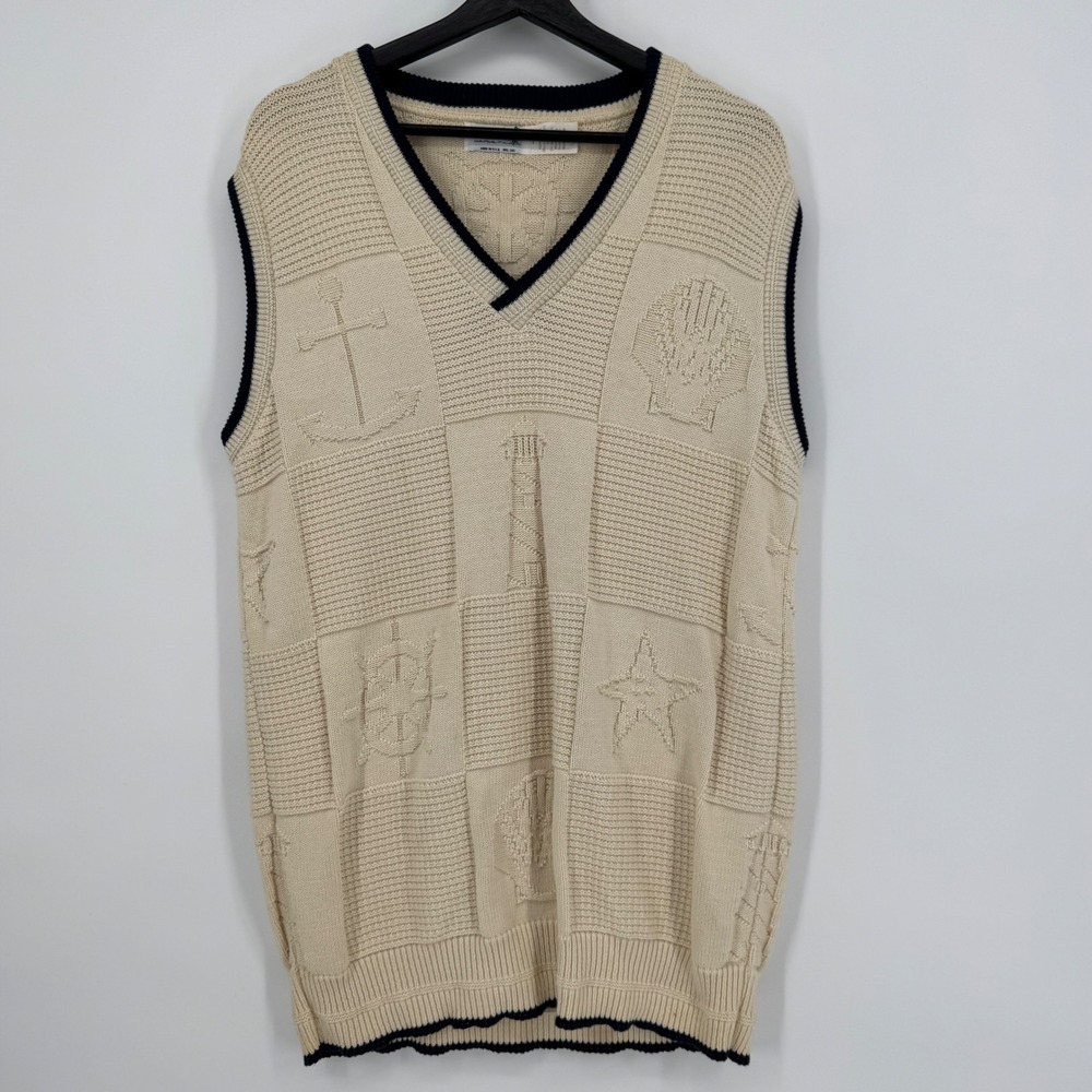 VTG Crown Point Mens Nautical Patchwork Knit V-Neck Vest Sweater Beige L USA‎